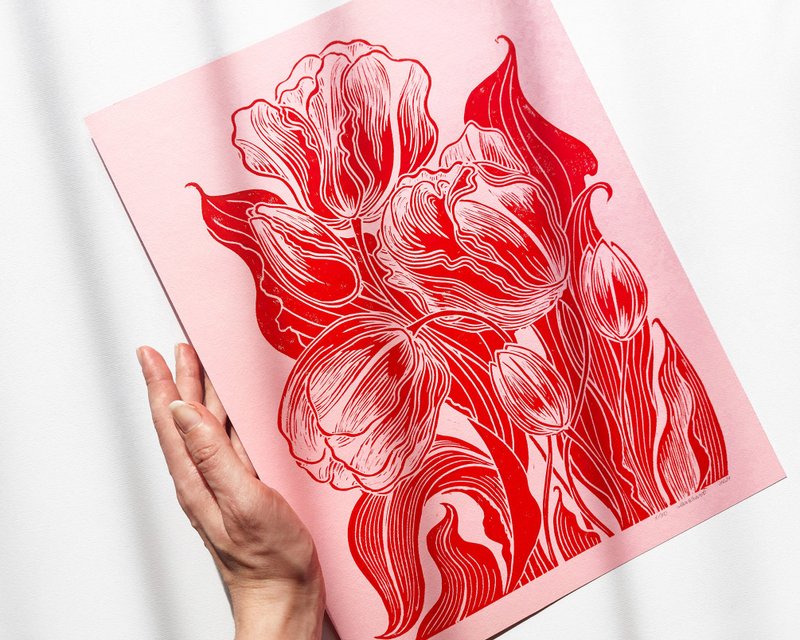 粉红色和红色郁金香花油毡印花春季墙艺术原创艺术品装饰 - 墙贴/壁贴 - 纸 红色