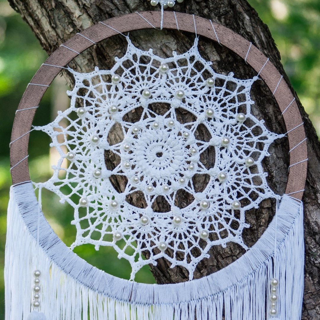 手工編織 捕 White dreamcatcher for wall decor Boho style Yarn wall hanging Yoga decor - 墙贴/壁贴 - 棉．麻 白色