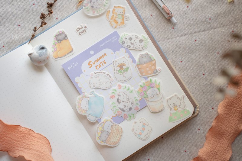 夏日猫咪和纸贴纸组 - 贴纸 - 纸 