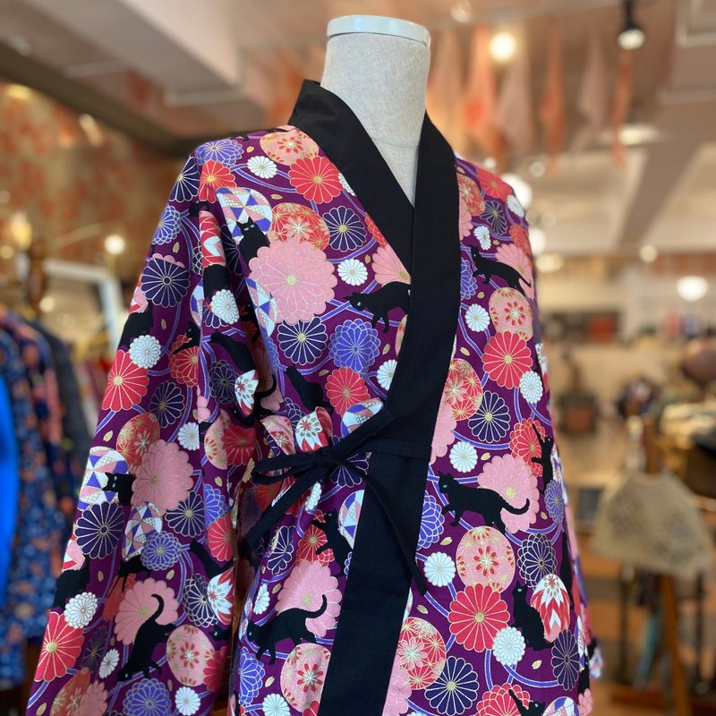 独家设计 黑猫与手鞠球 紫款 中式手工上衣 / 长袖款 - 男装外套 - 棉．麻 紫色