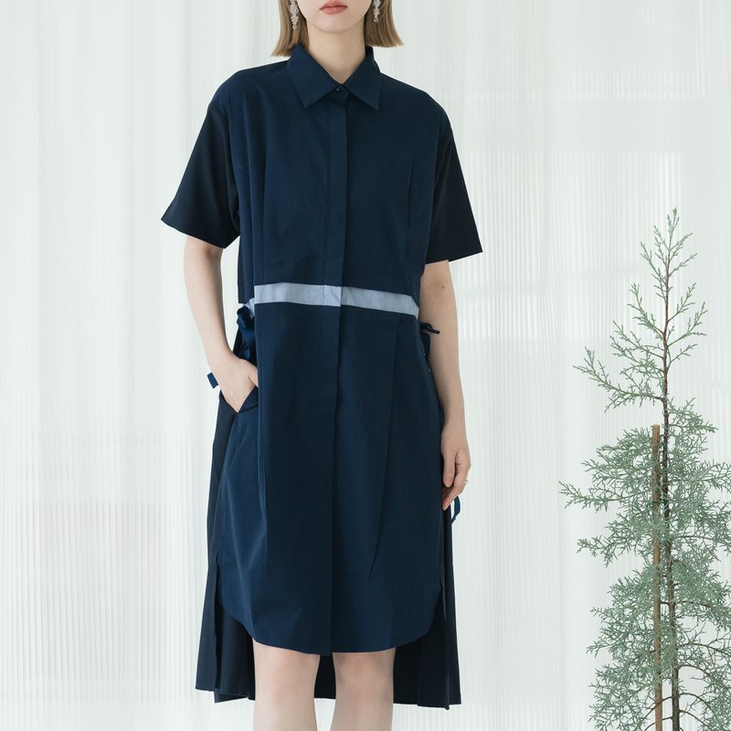 简约色块-学院风短袖洋装-蓝色 - 洋装/连衣裙 - 棉．麻 蓝色