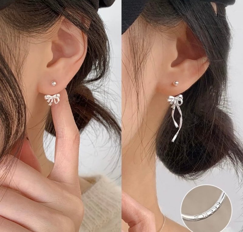 YuanPearl 純銀耳釘飄帶設計款蝴蝶結耳墜一式兩戴純銀耳飾 - 耳环/耳夹 - 银 白色