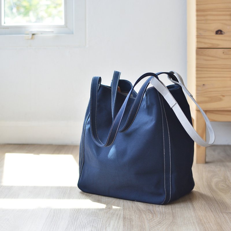 Up straps tote - 海军蓝色 - 手提包/手提袋 - 棉．麻 蓝色
