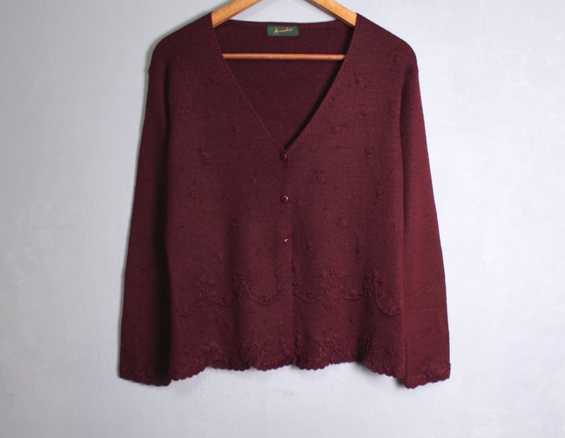 FOAK古着 酒红花绘刺绣毛衣外套 - 女装针织衫/毛衣 - 羊毛 
