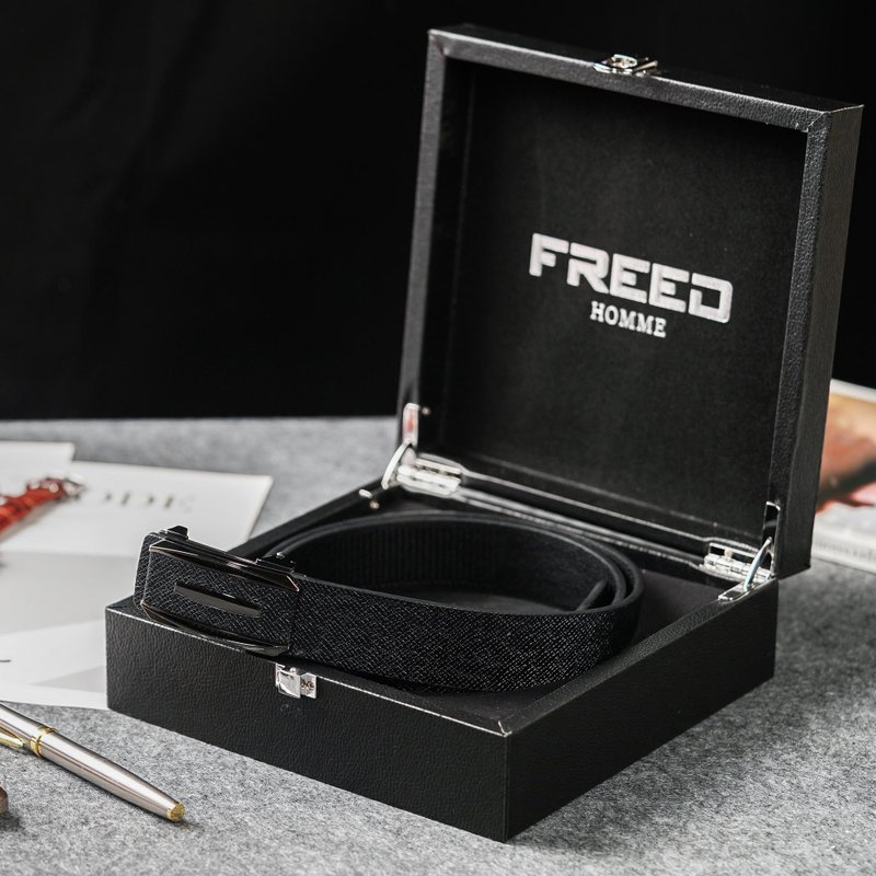【FREED】方形银色扣商务休闲头层牛皮皮带 - 黑色 - 皮带/腰带 - 真皮 黑色