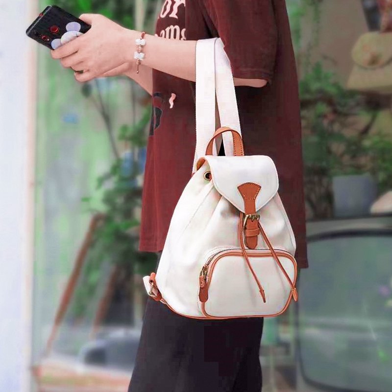 可愛小背包 女生雙肩包 休閒書包 帆布牛皮後背包 迷你輕便旅行包 - 后背包/双肩包 - 真皮 