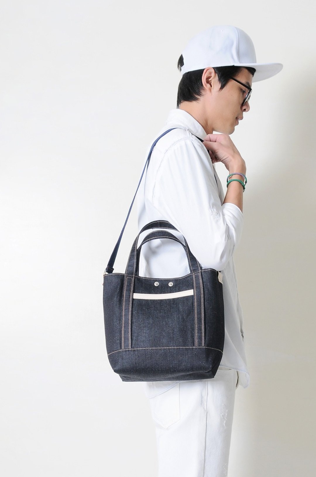 DENIM-手做皮革丹宁牛仔帆布手提/斜侧背/平板电脑包 - 侧背包/斜挎包 - 棉 蓝色