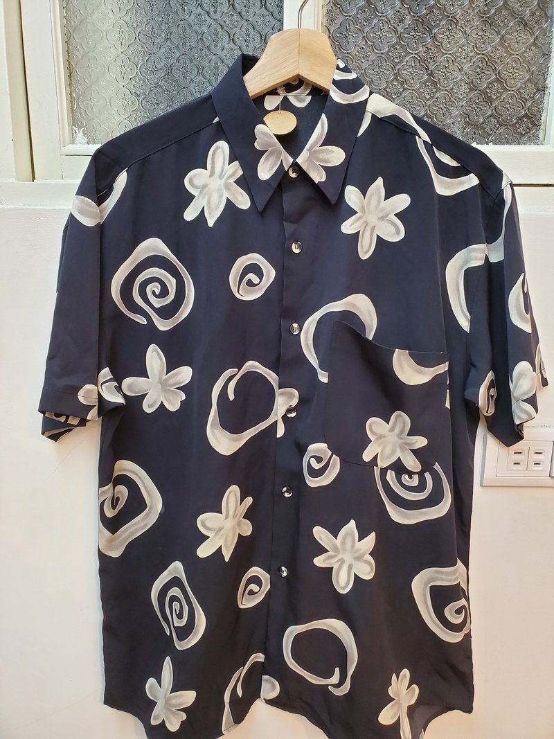 日本古着 丝质 黑色 水墨感 花卉 短衬 M号 近全新 - 男装衬衫 - 棉 黑色