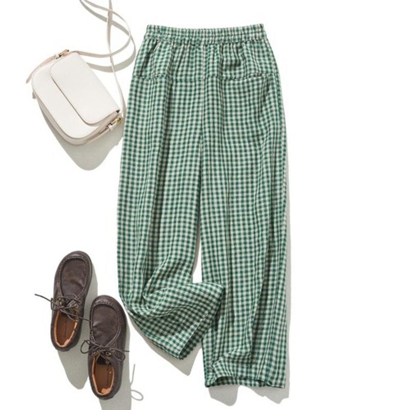 清凉感自然风亚麻长裤 透气舒适、绿色格纹设计 240520-2 - 女装长裤 - 棉．麻 