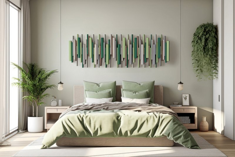 鼠尾草潮汐 蓝绿与鼠尾草绿立体壁挂雕塑 木材与金属 - 墙贴/壁贴 - 木头 绿色