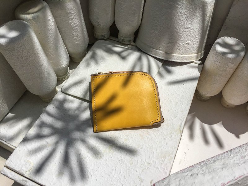 不撞包柠檬黄色植鞣革全真皮L型拉链零钱包/短夹 - 零钱包 - 真皮 黄色