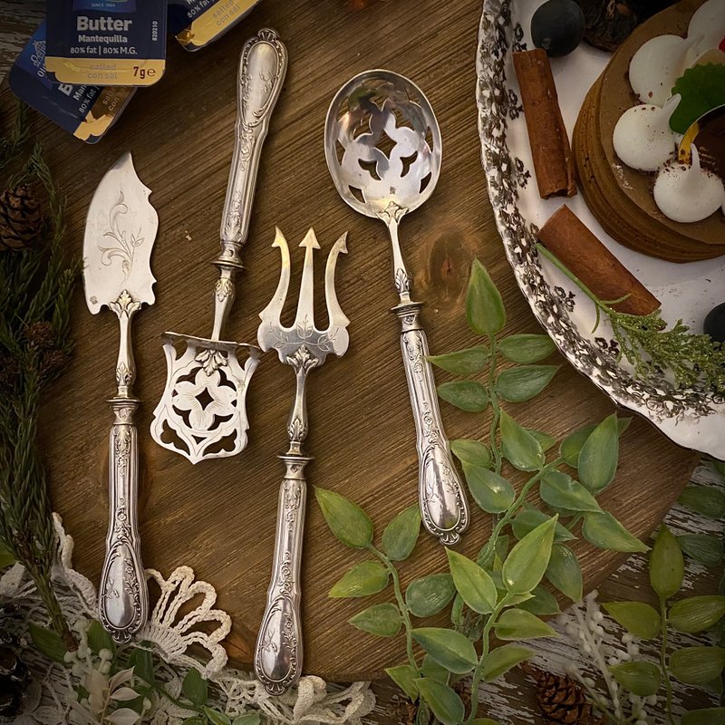 法国Art nouveau纯银柄百年古董下午茶餐具4件组 - 餐刀/叉/匙组合 - 纯银 银色