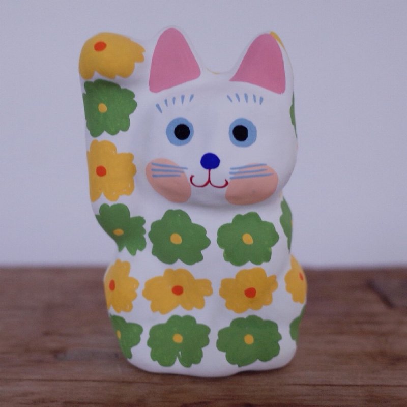 招财猫 花柄 黄色・绿色 右手招财 - 玩偶/公仔 - 纸 