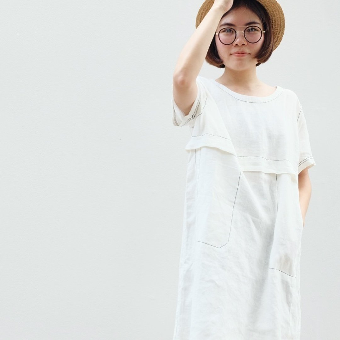 Line Linen White Dress - 洋装/连衣裙 - 棉 白色