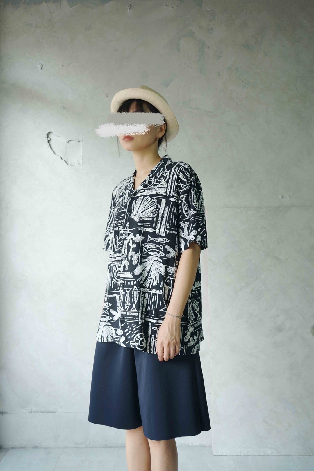 寻宝古着-黑白拓印印花夏季凉爽夏威夷衬衫 - 女装衬衫 - 棉 黑色