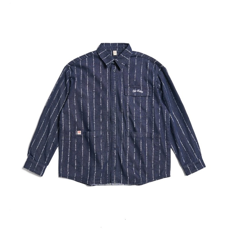 江户胜 日系 男装 INDIGO 靛蓝裂纹长袖衬衫(酵洗蓝) #衬衫 - 男装衬衫 - 棉．麻 蓝色