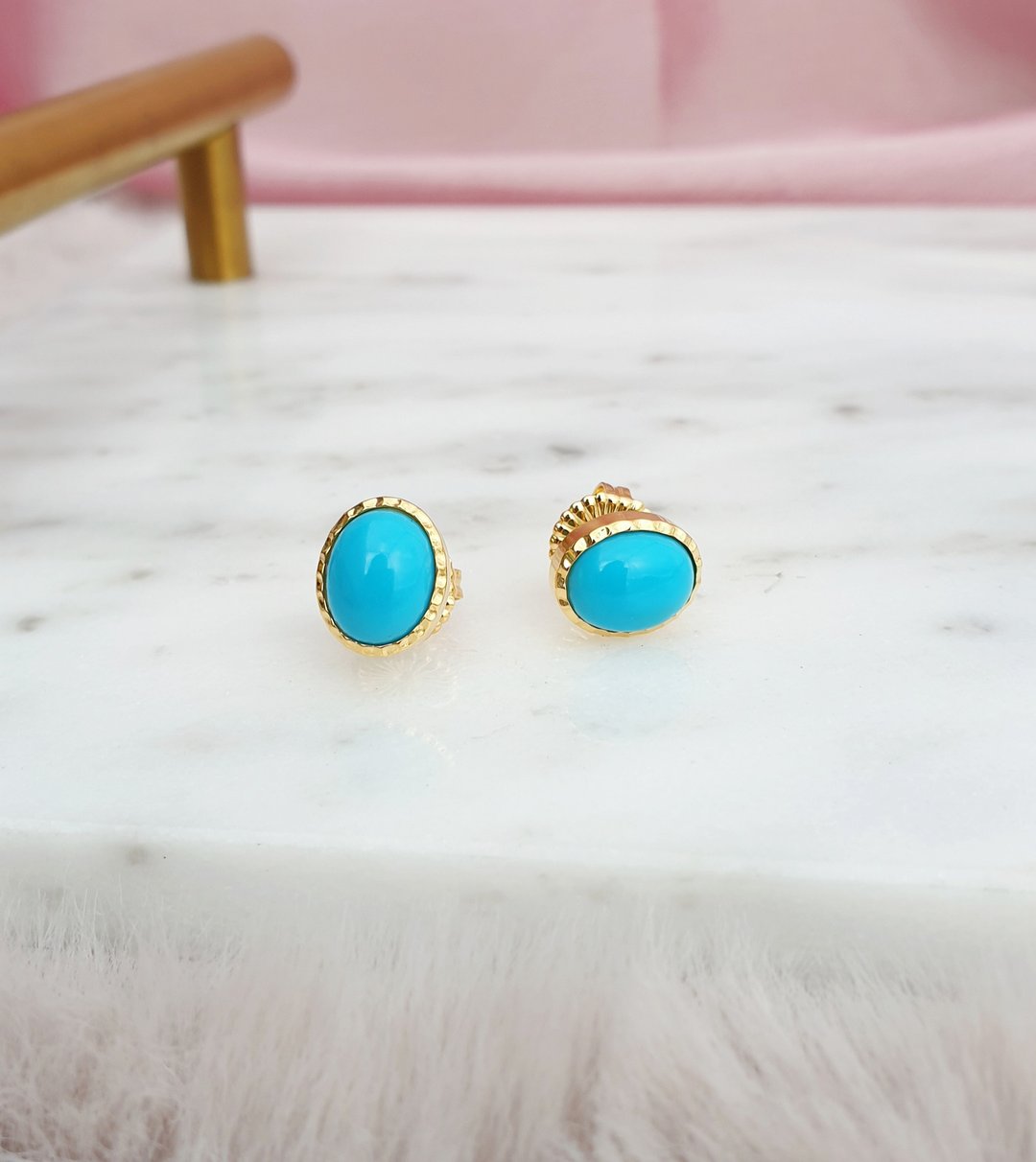 Turquoise earrings, 925 Silver, gold plated - 耳环/耳夹 - 宝石 蓝色