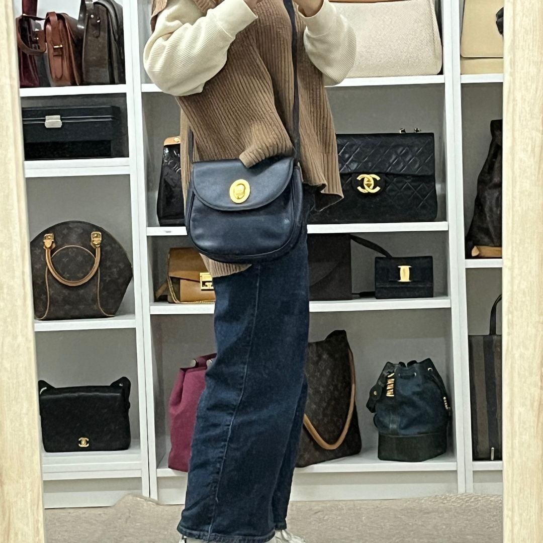 Christian Dior 手提包 侧背包 海军蓝 金色五金 皮革 古董 肩背 斜背 女款 - 01485 - 侧背包/斜挎包 - 真皮 蓝色