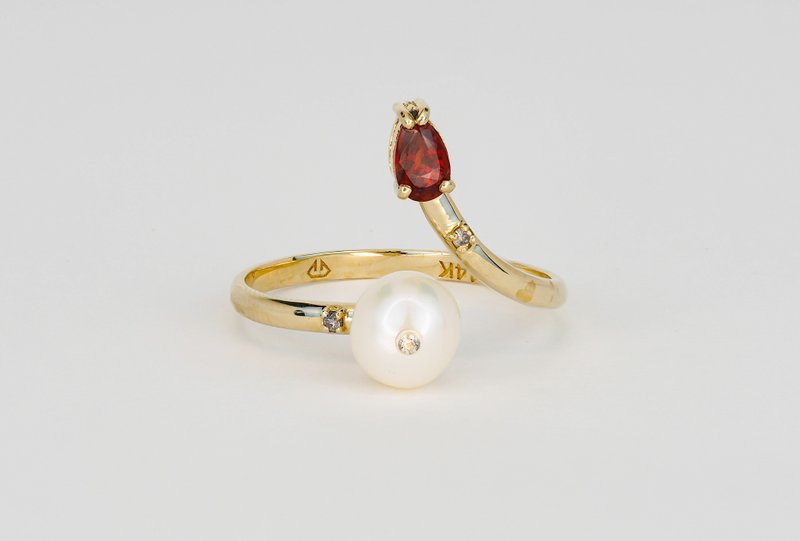 14k gold ring with pearl, garnet and diamonds. - 戒指 - 贵金属 金色