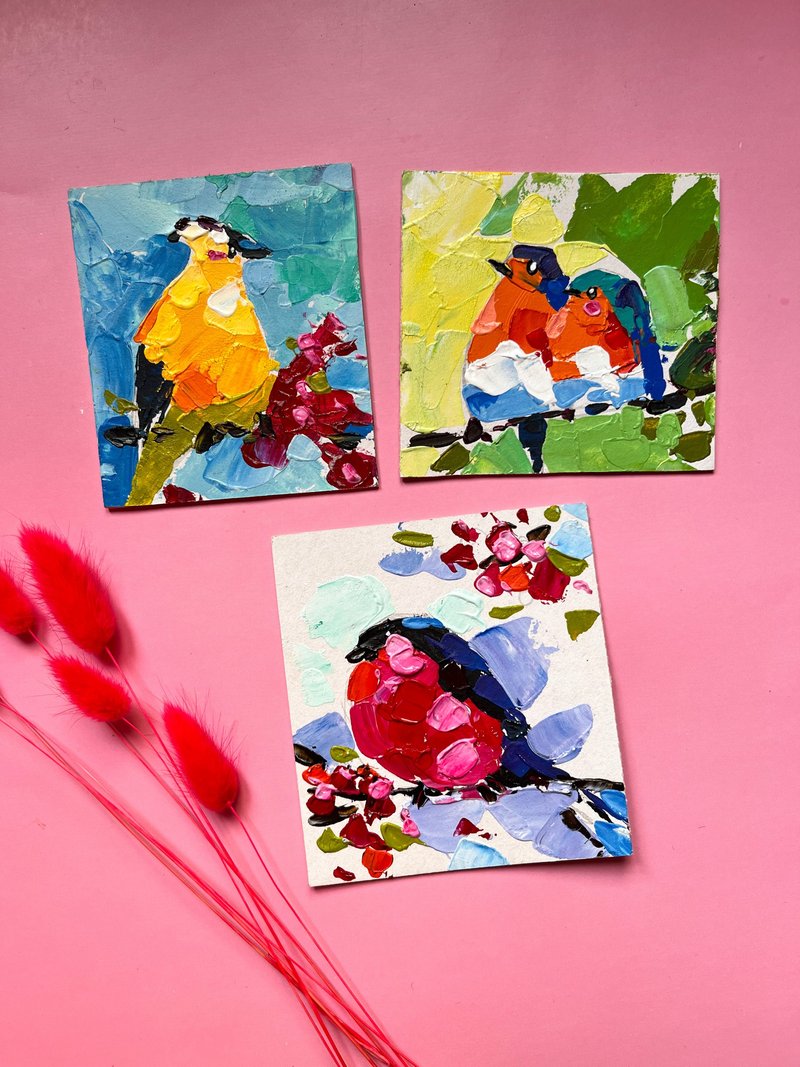Bird Painting Set Original Artwork Chicadee Small Painting - 海报/装饰画/版画 - 其他材质 橘色