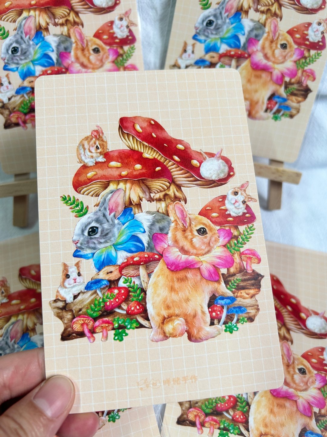 手绘水彩兔兔明信片postcard草莓糖霜红蘑菇 - 卡片/明信片 - 纸 