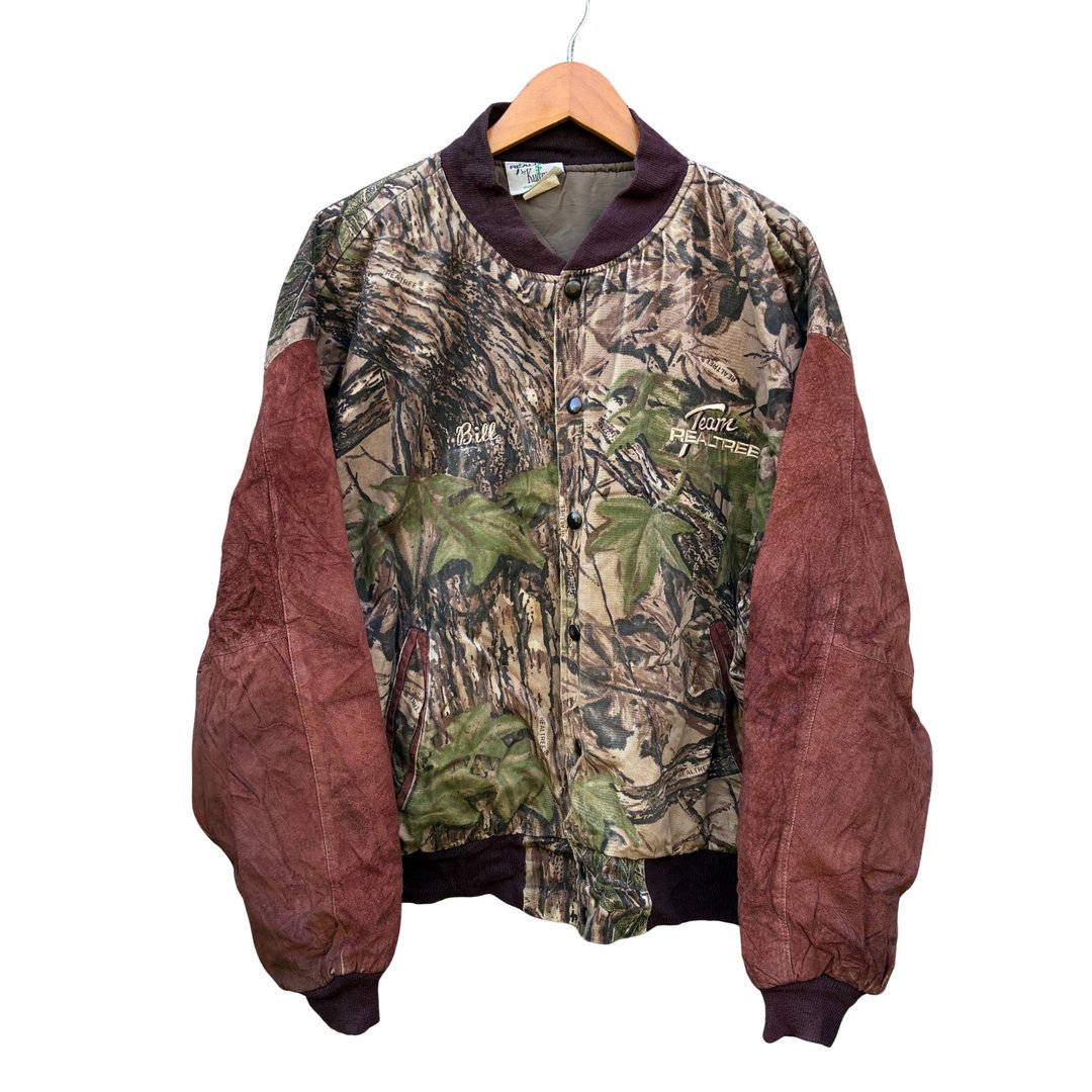 复古 90 年代 Realtree by Kudzu 迷彩麂皮袖飞行员夹克 - 男装外套 - 棉 咖啡色