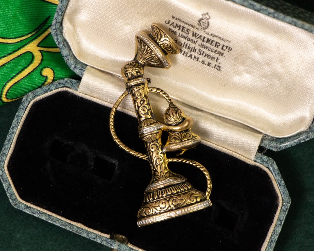 西班牙古董 大马士革Niello工艺 古董电话筒造型 镀金胸针 - 胸针 - 其他金属 金色