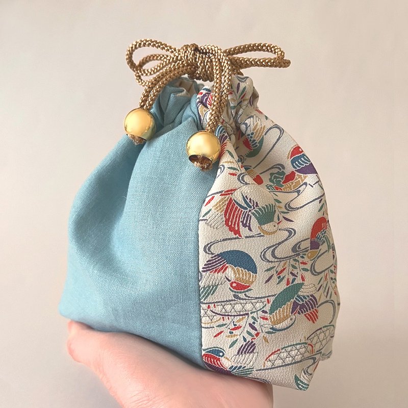 リネンと和文様の巾着ポーチ【小】【絹】- クリアトートバッグ【小】用 - 化妆包/杂物包 - 棉．麻 蓝色