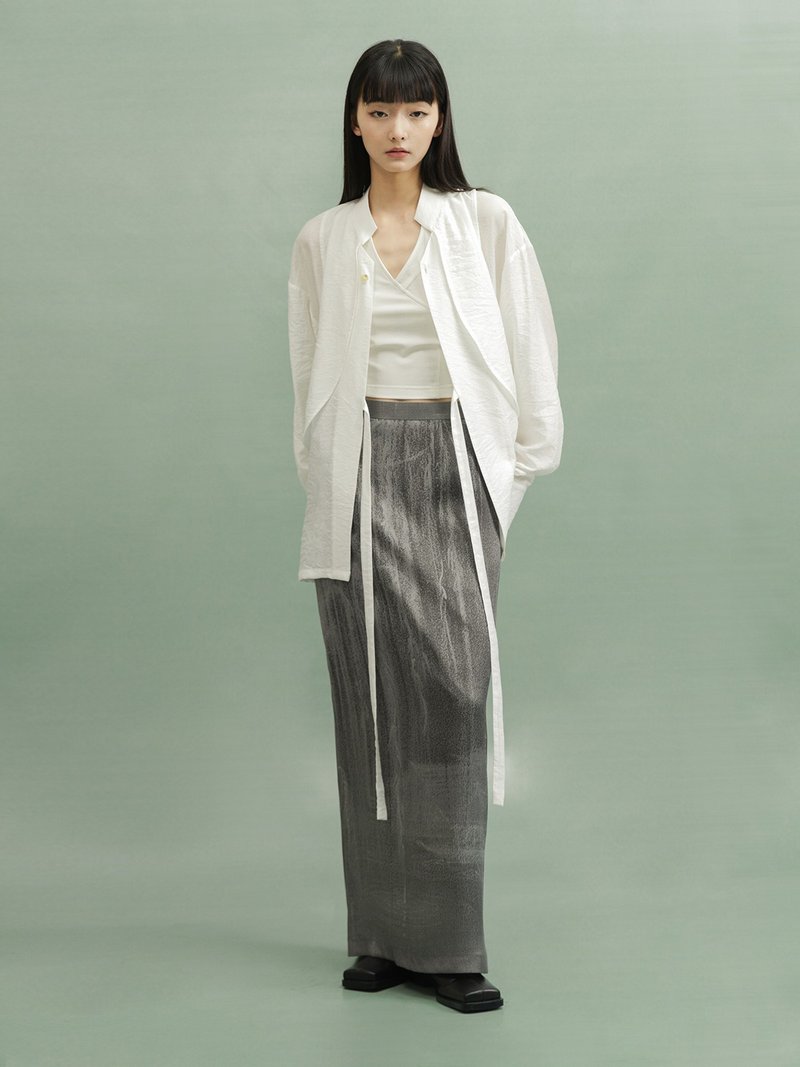 中性丝绵轻薄假两件系带衬衫 - 女装衬衫 - 其他材质 黑色