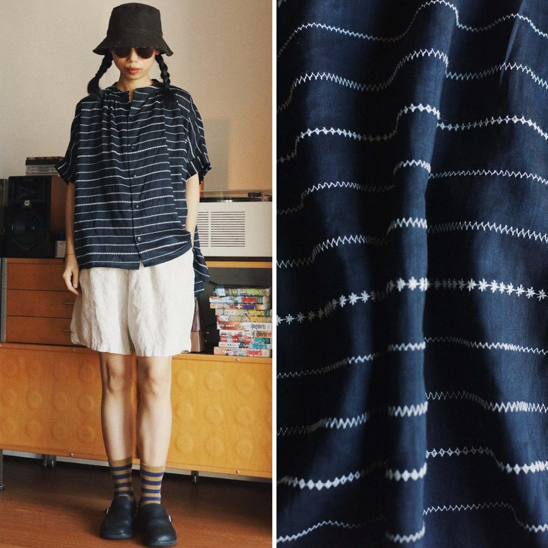深藍色條紋 夏季涼爽舒適短袖大廓形襯衣 繡花提花薄苧麻 - 女装衬衫 - 棉 蓝色