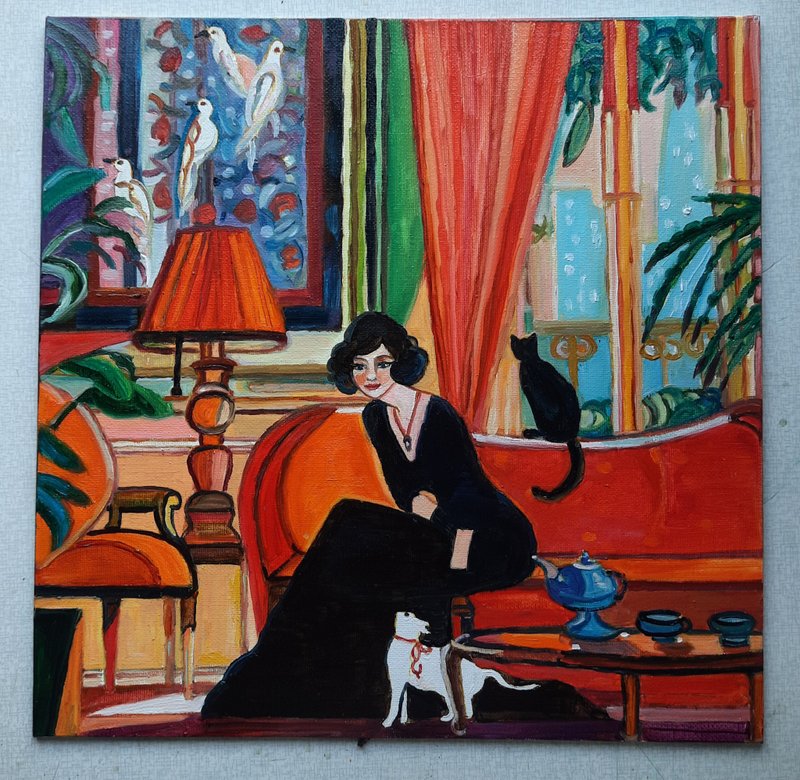 女孩与两只猫 绘画 原创艺术 油画 画布油画 30x30厘米 - 墙贴/壁贴 - 其他材质 红色