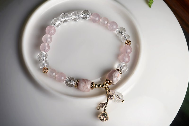 【神山晶礦】 玫瑰冰脆雪櫻花/櫻花瑪瑙/白水晶/粉晶 - 手链/手环 - 水晶 粉红色