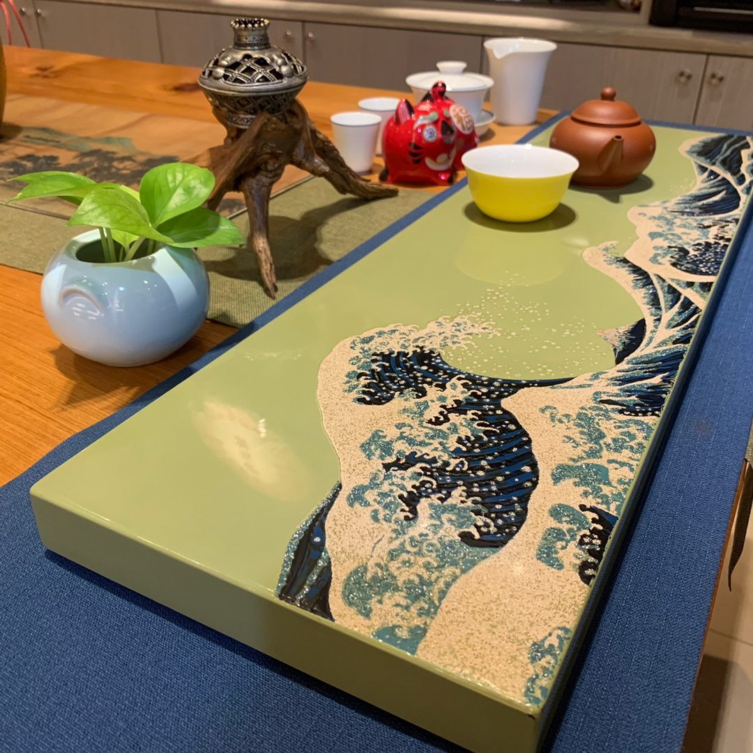 浮世绘大师葛饰北斋风格 - 神奈川冲浪里漆器板(绿) - 摆饰 - 木头 绿色