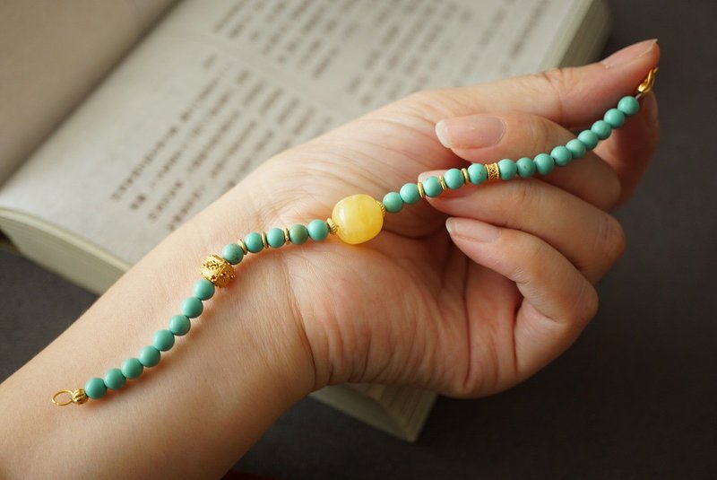 天然绿松石 蜜蜡墩子 设计项链单圈手链手串s - 手链/手环 - 宝石 蓝色