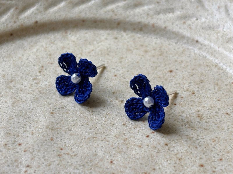 Bella 贝拉│925纯银・微钩针手作耳环 - 耳环/耳夹 - 绣线 蓝色