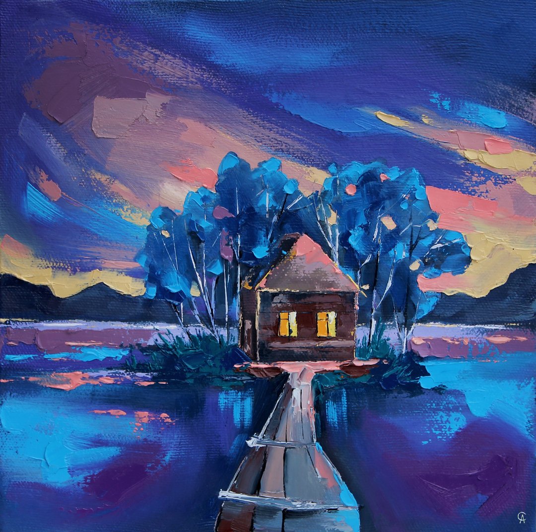 老房子油画 夜景原创艺术 孤独艺术品 30 x 30 厘米 - 海报/装饰画/版画 - 其他材质 蓝色