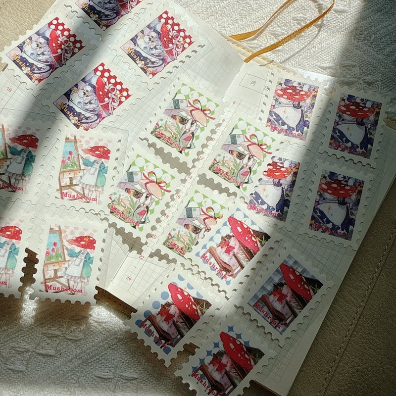 蘑菇小姐 森の絵描き キノコ帽子の少女 物語風 郵票型貼紙套組 - 纸胶带 - 其他材质 多色