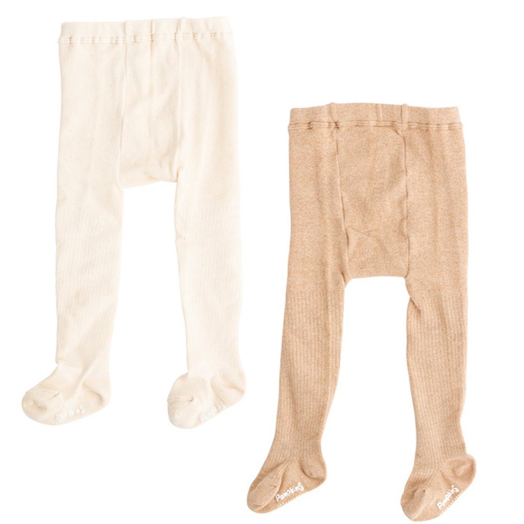 Y-1328 100% Organic Cotton Baby Rib Tights Natural Brown 80cm One Size Popkins Baby Made in Japan - 婴儿饰品 - 棉 白色