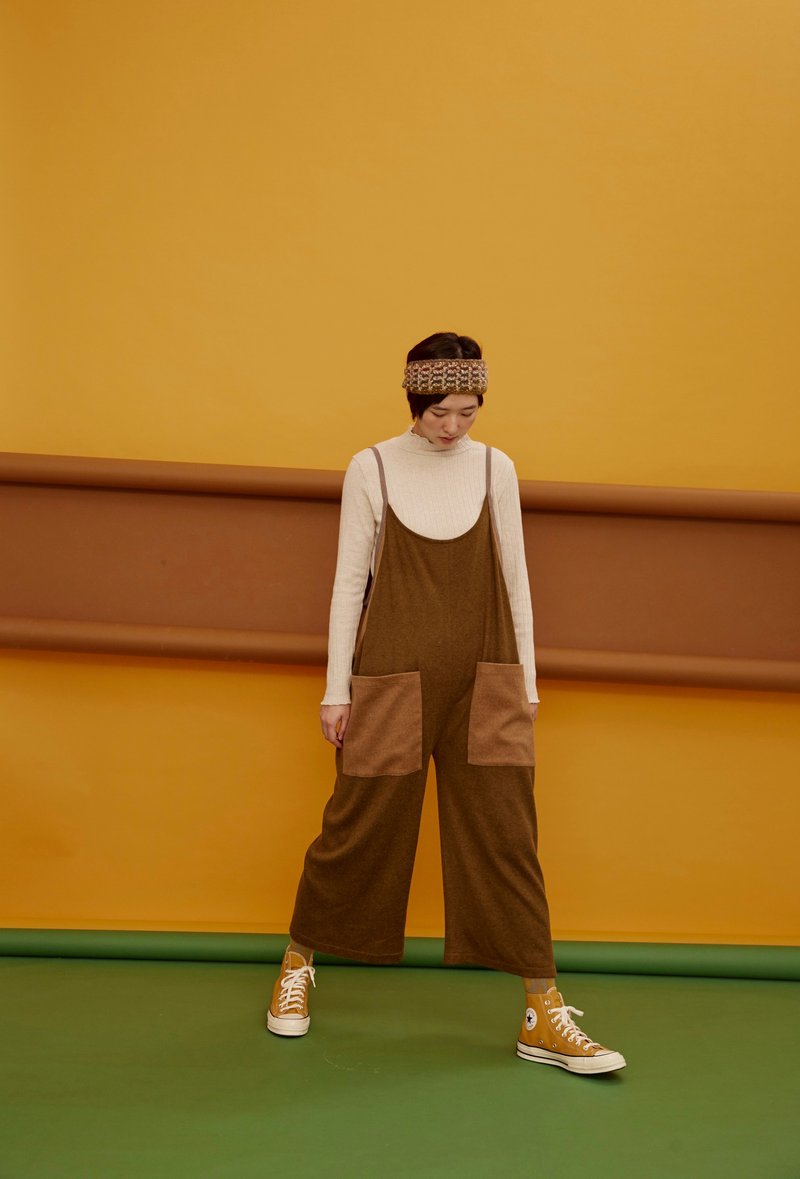 针织毛料吊带直筒宽裤 - 背带裤/连体裤 - 其他材质 咖啡色