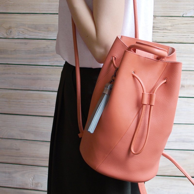 Goody Bag -亮橘小水桶包+暖灰流苏组合 - 后背包/双肩包 - 真皮 橘色