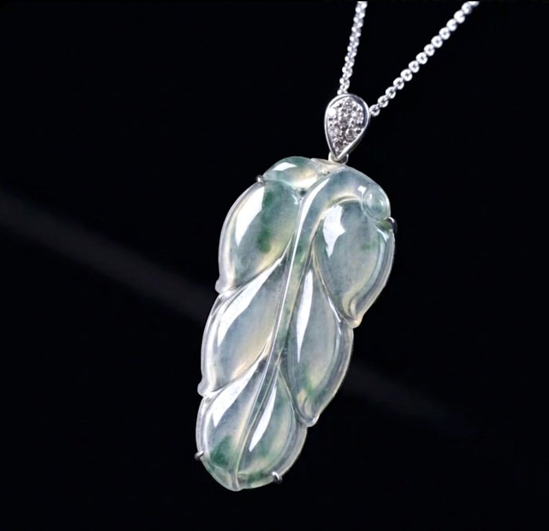 玻璃种飘蓝花翡翠叶子项链 14K 金钻石 | 天然缅甸翡翠 A 货 | 送礼 - 项链 - 玉石 透明