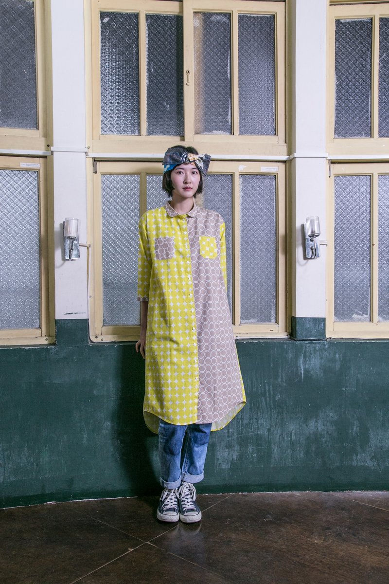 圈圈双色拼接衬衫(只剩下最后一件标准版) - 洋装/连衣裙 - 棉．麻 黄色