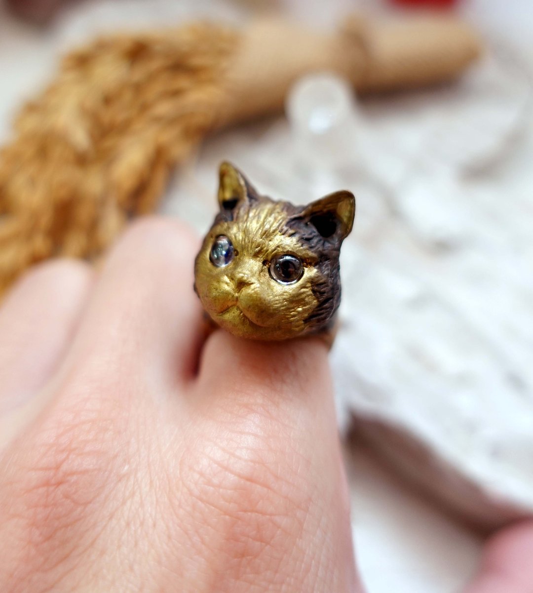 日本中古着名设计师款猫头玻璃眼黄铜戒指 高级二手古着珠宝首饰 - 戒指 - 其他金属 金色