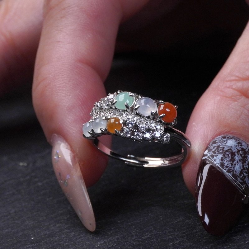 冰种多彩翡翠蛋面戒指 925纯银 | 天然缅甸玉翡翠A货 | 送礼 - 戒指 - 玉石 多色