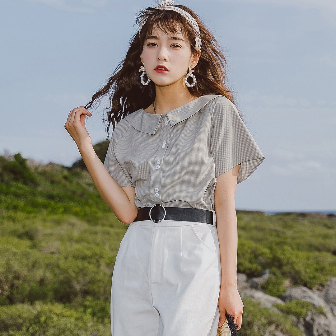 安妮陈2018夏装新款文艺女装纯色开衫衬衫 - 女装衬衫 - 聚酯纤维 银色