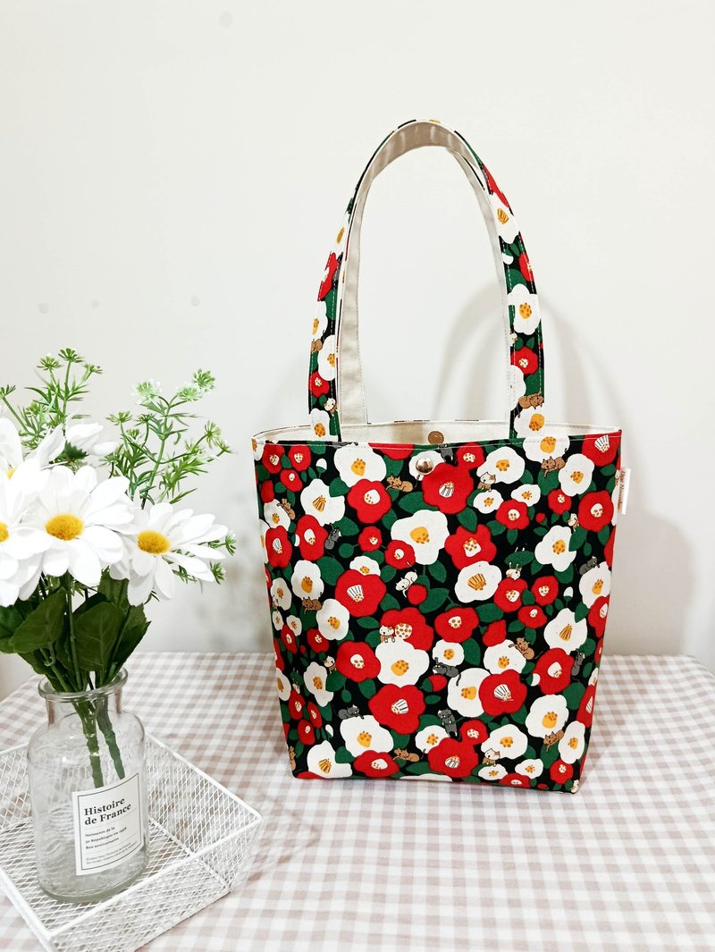 日常系列肩背包/手提袋/便当袋/椿花与猫款 - 手提包/手提袋 - 棉．麻 红色