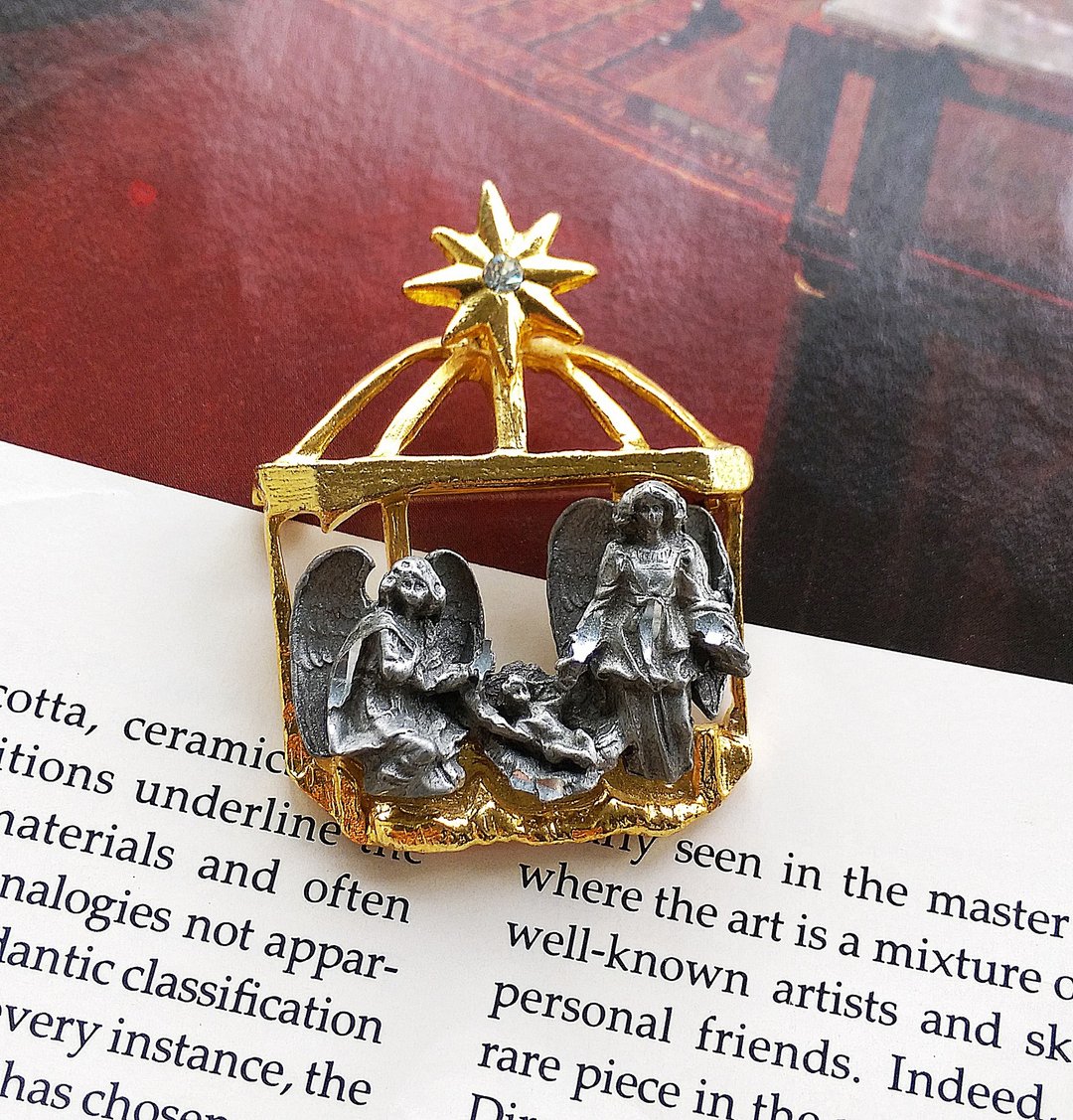 Vintage Jewelry 西洋古董饰品 圣诞 耶稣诞生 场景 别针 - 徽章/别针 - 其他金属 金色