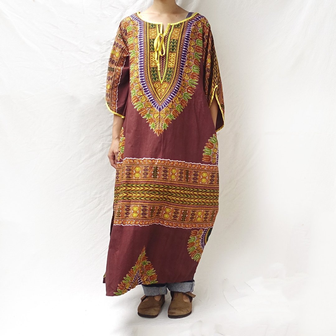 BajuTua /古着/ 西非几何印花宽松连身 dashiki - 洋装/连衣裙 - 棉 咖啡色