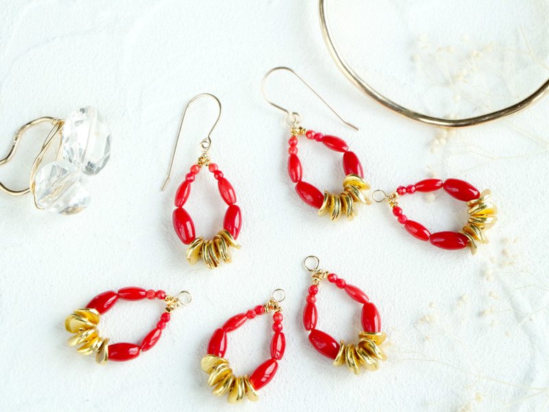 14kgf-petit red coral pierced earrings / can change to clip-on - 耳环/耳夹 - 其他金属 红色