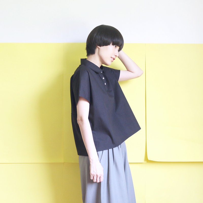 猫咪绣图上衣-黑色 - 女装上衣 - 棉．麻 黑色